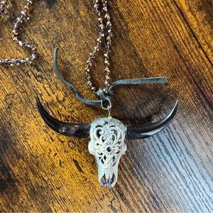 Western Carved Skull Cowgirl Pendant Necklace Perfect For Layering. Stagecoach